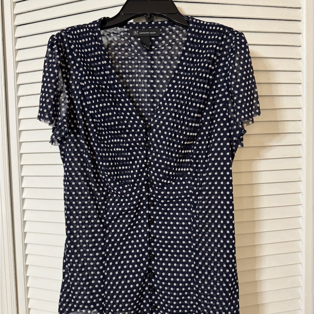 INC International Concepts Navy with White Polka Dot Fitted Ruffled Blouse